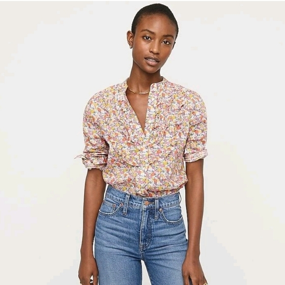 J. Crew Tops - J. Crew Liberty Fabric Ruffle Front Button Up Long Sleeve Shirt Women's Large